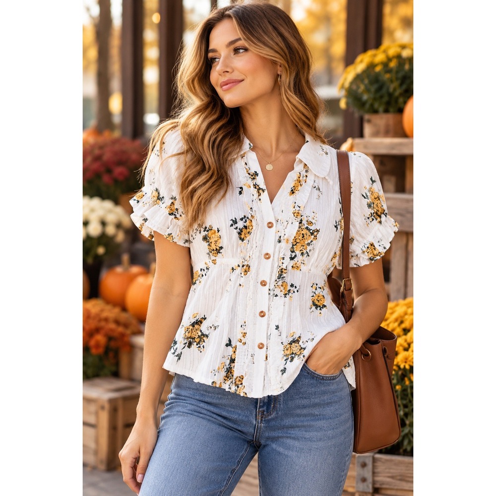 Pilcro Anthropologie Floral Ruffle Button Down Top White Yellow XS NWT